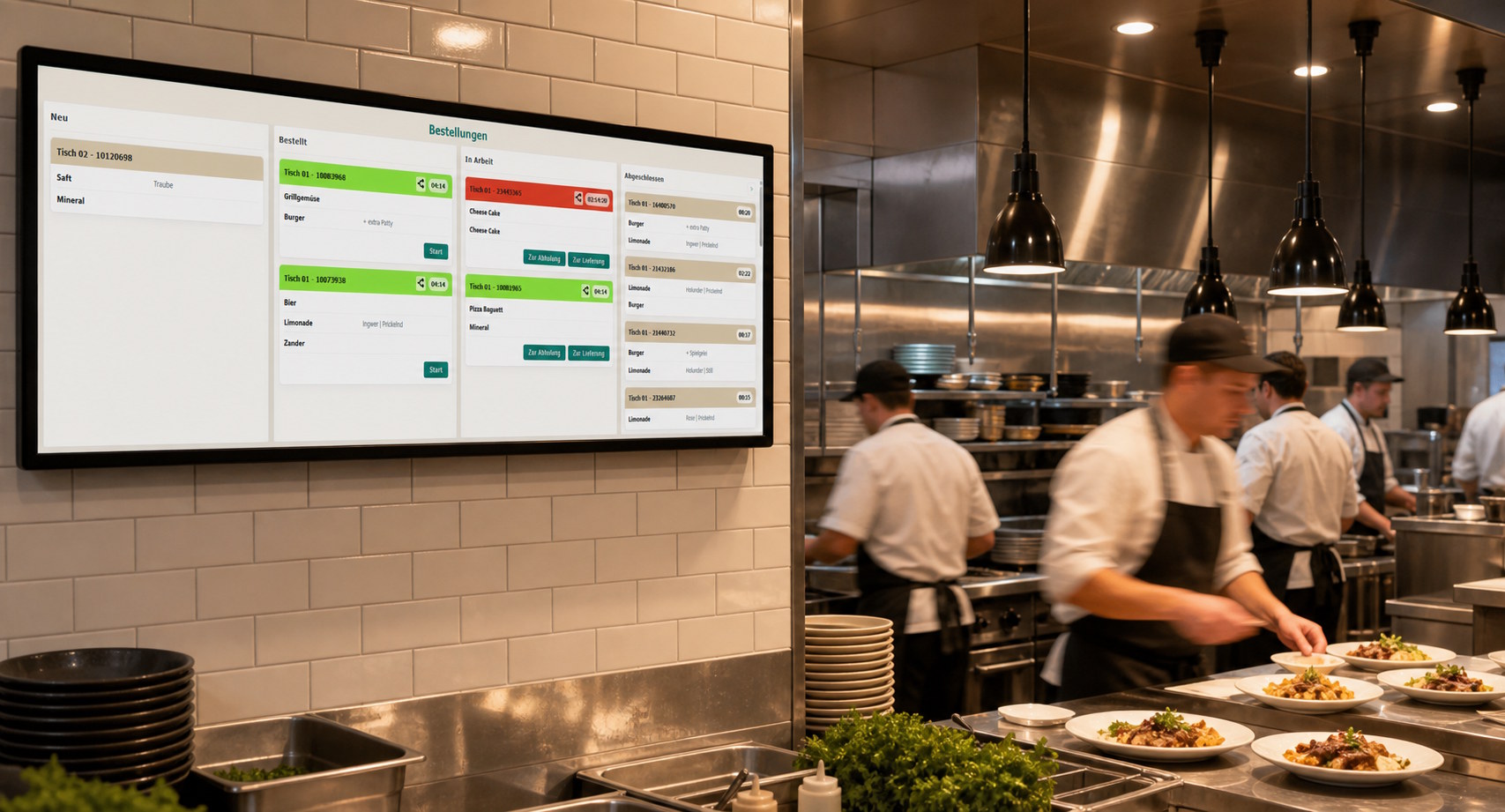 Restaurantküche mit Küchenmonitor und Bestellungen nach Statusspalten